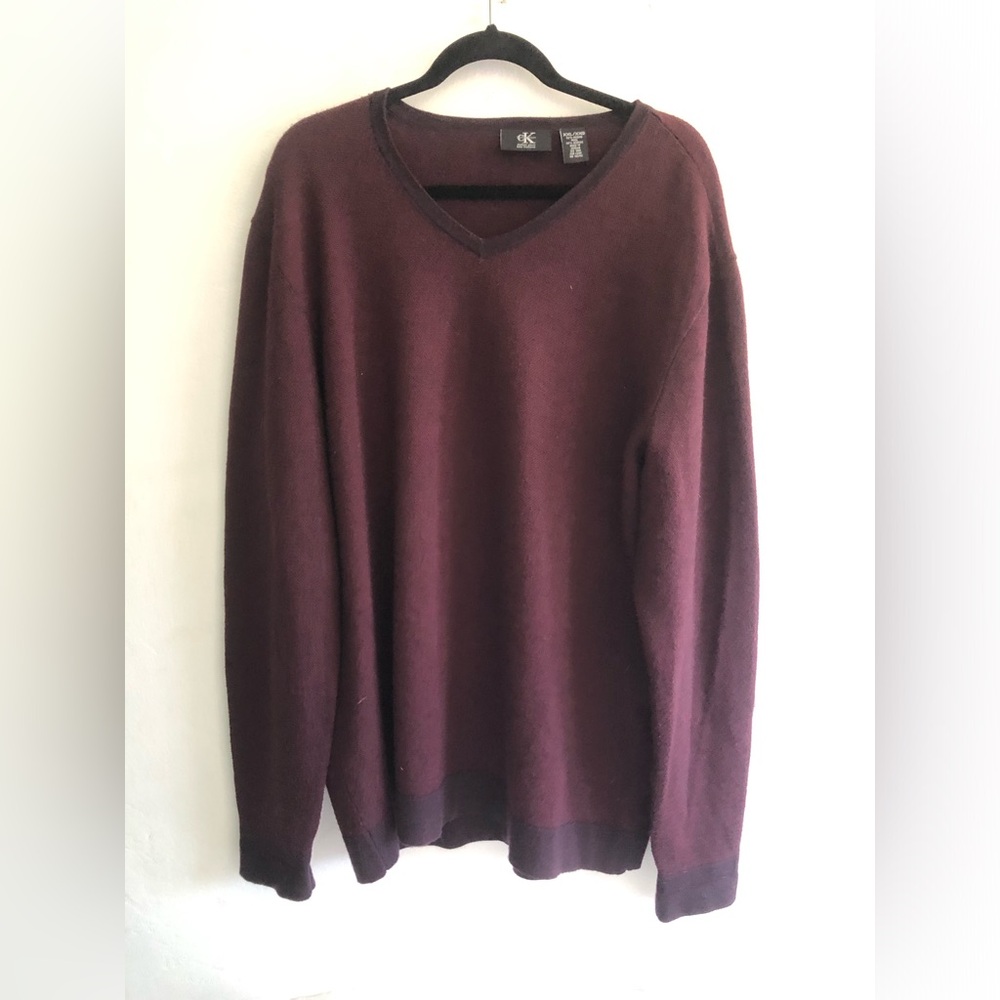 Calvin Klein Sweater Mens XXL V Neck Merino Wool Blend Acrylic Plum Color